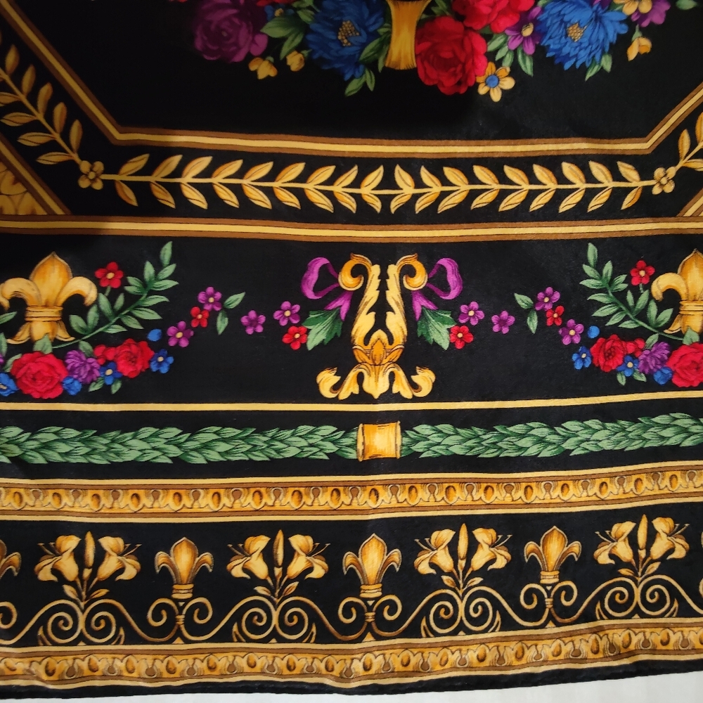 Rose Floral Baroque Square Silk Scarf with Gold Motif Border, 30"x31" - Picture 6 of 11